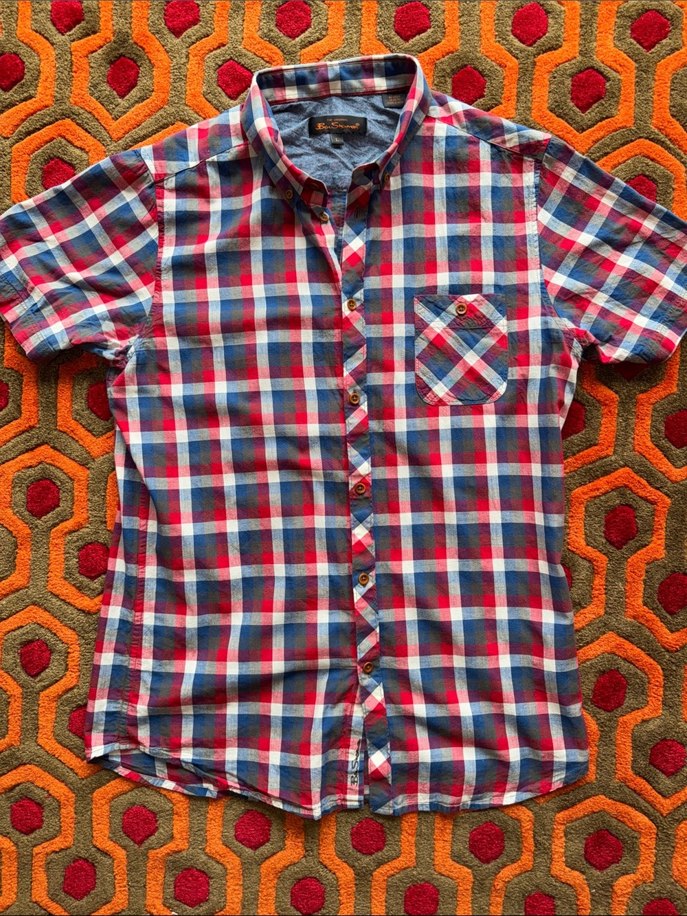 MAKE OFFER! Ben Sherman Short-Sleeve Plaid Button-Down Shirt - Red, Blue & White